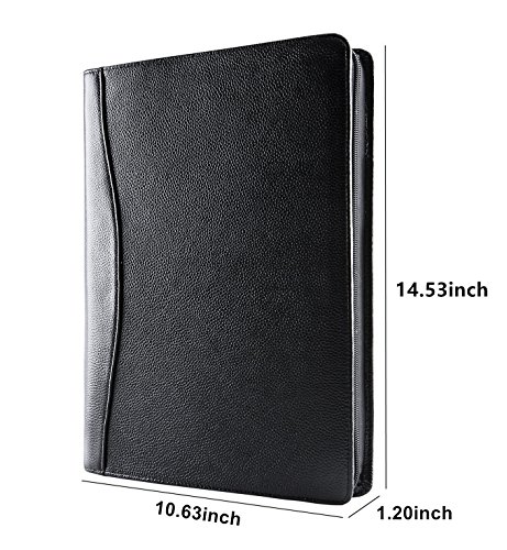 ZH Professional Leather Padfolio Document Organizer, Portfolio Folder Case for MacBook/Ipad / Micro Surface Book, Full-Grain Leather, Letter Size, Custom,Black