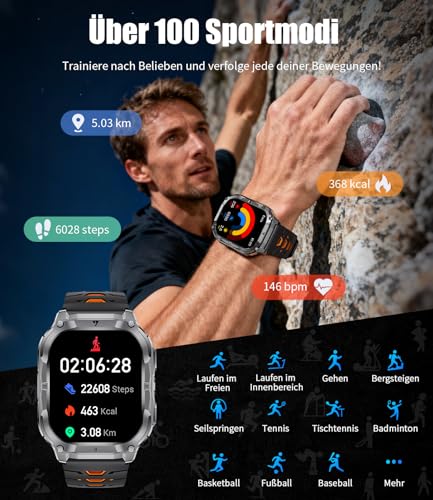LIGE Military Smartwatch Men's with 1000 mAh Battery/Phone Function, 2.0 Inch HD Touchscreen Fitness Watch with Heart Rate/Sleep Monitor/200+ Sports Modes, IP68 Waterproof Sports Watch for Android iOS, 3 Wristbands