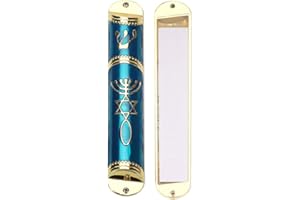 BRTAGG Mezuzah Case with Double Sided Tape, 5.5" Tall, Blue & Gold, Easy Peel and Stick Mezuzah Cover (for 4.3" Scroll)