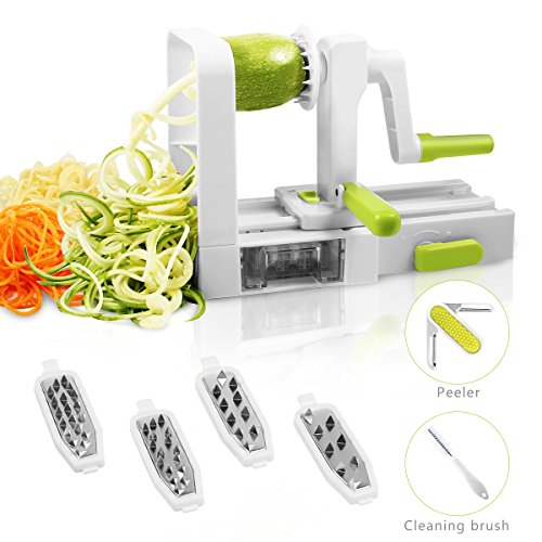 Spiral Slicer Domserv Kitchen Spiralizer 5 Stainless-Steel Blades Foldable Vegetable Slicer Strong Suction Base for Veggie Fruits Pasta & Noodle Maker with Peeler & Cleaning Brush, 2018 New Model