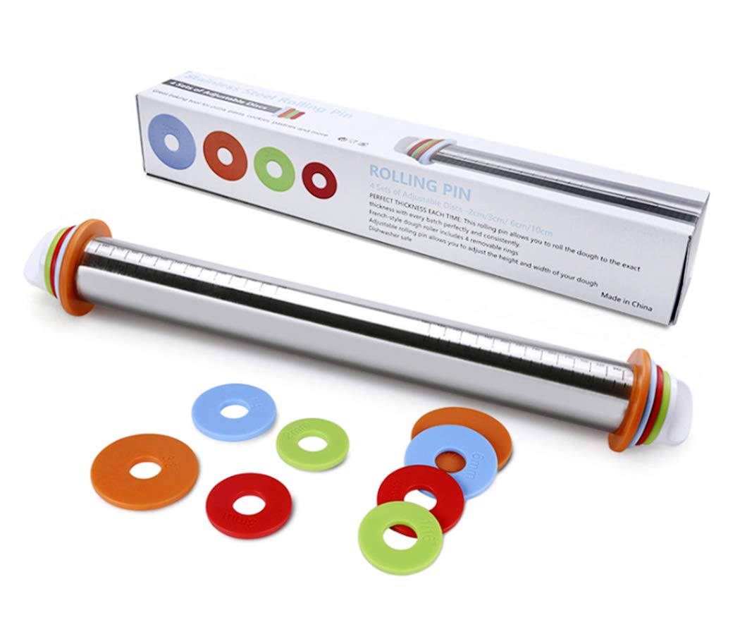 Hillento Rolling Pin, 17 inch Adjustable Stainless Steel Rolling Pins Dough Roller Stick with 4 Thickness Rings for Baking Pizza Pie Cookie Pastry, Non Stick