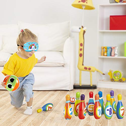 Toyssa Bowling Set Indoor Foam Bowling Game Early Educational Toys for Toddler Kids with 10 Pins 2 Balls and 1 Eye Mask - Thumbnail 5