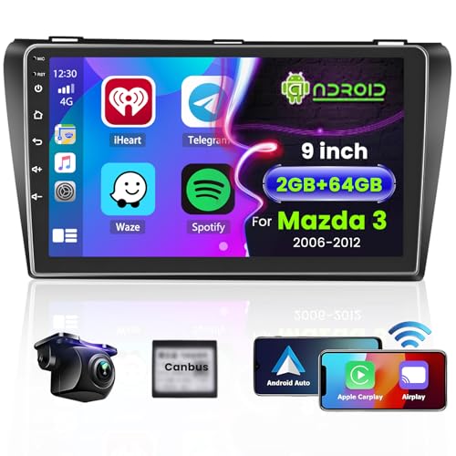 Hikity 2G 64G Car Radio for Mazda 3 2006-2012 with Carplay Wireless Android Auto, 9 Inch Android 15 GPS Car Radio with WiFi Bluetooth RDS EQ FM USB SWC MIC Reversing Camera