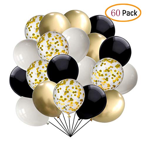 60 pcs Black and Gold Confetti Balloons 12 Inch White Pearl and Gold Metallic Party Balloons for Holidays Birthday Party Decorations
