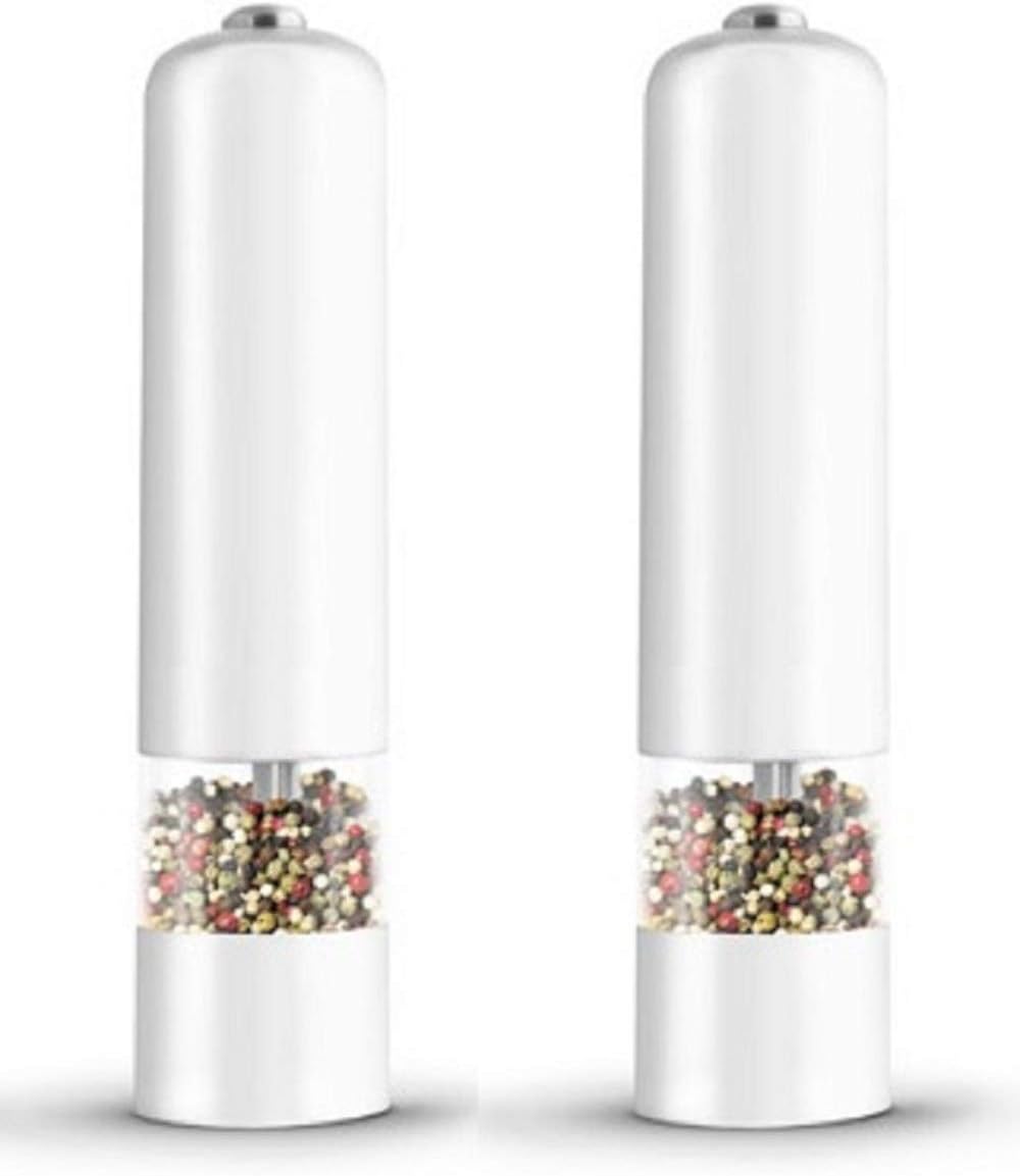 Salt and Pepper Grinders Set 5x23cm Large Electronic Mills Great for Himalayan Salt & Dried Herbs 2X (White)