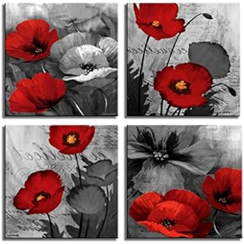 LKY ART Red Wall Art Elegant Poppy Red Flower Wall Art Plant Abstract Art Poppy Canvas Wall Art Painting Picture for Living Room Wall Decor Wood Frame Stretched Easy to Hang 4 Panel 12x12x4