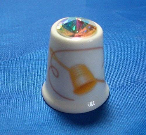 Porcelain China Collectable Thimble - Gold Needle & Thread Swarovski Crystal -- Free Gift Box