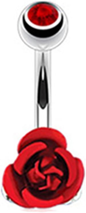 316L Surgical Stainless Steel 10mm Cubic Zirconia Topped Red Coloured Metal Rose Flower Navel Bar