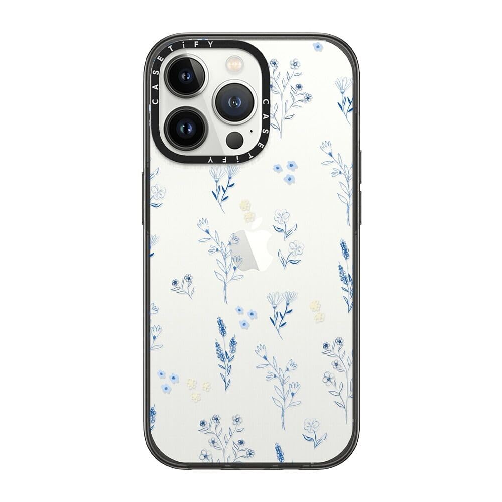 CASETiFY Compact iPhone 13 Pro Case [2X Military Grade Drop Tested / 4ft Drop Protection] - Small blue flowers - Clear Black