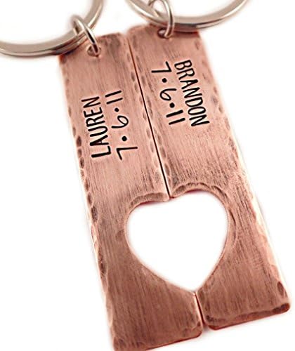 Textured Copper Couple Name And Date Keychain Set - Connected Heart - Hand Stamped