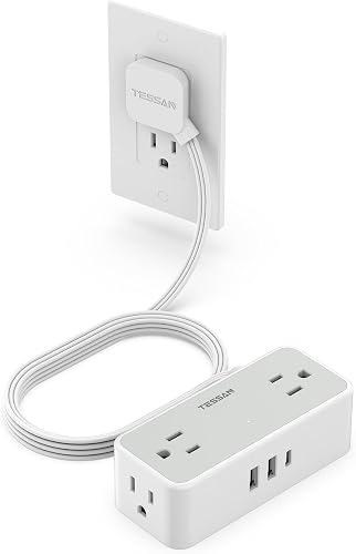 TESSAN Surge Protector Flat Extension Cord Indoor, 5 Feet | Flat Plug Power Bar, 4 AC Outlets, 3 USB Ports (1 USB C), Small Power Strip Wall Mounted for Home Office Dorm Room, Gray