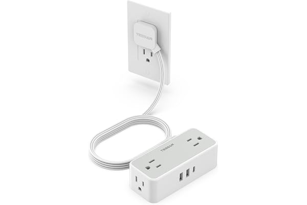 Surge Protector Flat Extension Cord Indoor, TESSAN Flat Plug Power Bar with 4 Multiple Outlets, 3 USB Ports (1 USB C), 5 Feet