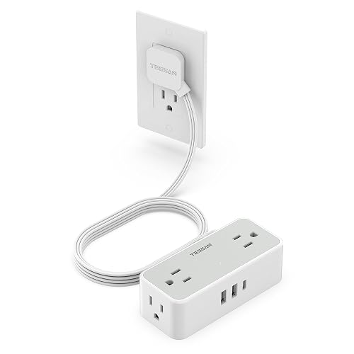 TESSAN Surge Protector Flat Extension Cord Indoor, 5 Feet | Flat Plug Power Bar, 4 AC Outlets, 3 USB Ports (1 USB C), Small Power Strip Wall Mounted for Home Office Dorm Room, Gray