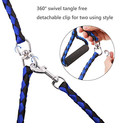 Startostar Detachable Double Dog Leash No-Tangle 2 in 1 Dual Pet Lead with Swivel Padded Handle for One or Two Dogs (Blue)