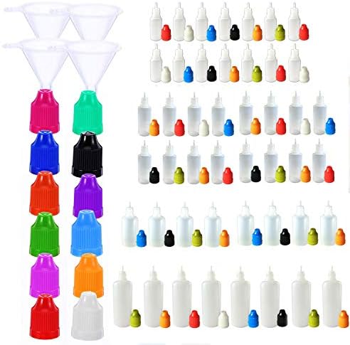 LDPE Squeezable Dropper Juice Bottle - 10Pcs x 30ml Empty Eye Liquid Droppers Plastic Containers + Mixed Color Childproof Caps + Funnels