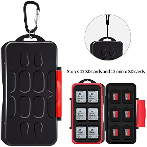 YOUKaDa Water-resistant Memory Card Case Holder Storage With Carabiner For 12 SD Cards &amp; 12 Micro SD Cards (Red)