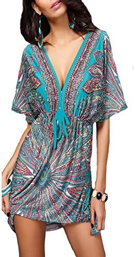 MUXKN Women Deep V Short Sleeves Oversize Printed Bohemia Ethnic Style Summer Shift Dress Swimsuit Beach Cover Up Pool Wear (Green)