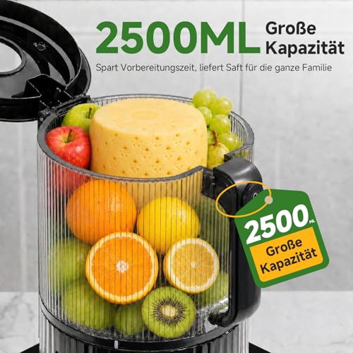 AMZCHEF Slow Juicer, 160 mm Filling Opening for Whole Fruits and Vegetables | 2.5 L cold press juicer for fresh juices, sorbet and nut milk, high juice yield, quiet, easy to clean, matte black