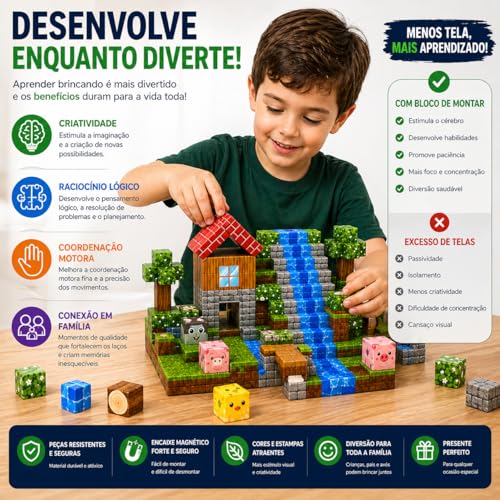 Blocos de Montar Magnéticos 72 Peças Infantil – Kit Construção Criativa 3D Educativo, Estimula Coordenação, Imaginação e Raciocínio – Brinquedo Interativo para Crianças