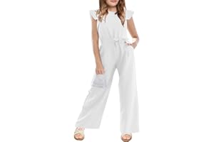 CharmWM Girls Casual Jumpsuit Kids Fashion Cap Sleeve Belted Wide Leg Romper One Piece Outfits with Pockets