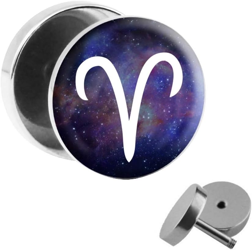 '1x Fake Plug "Aries Zodiac – Diameter: 10 mm Wallart Stud – Surgical Steel Fake Ear Tunnels silver fake plug tunnel earrings earring steel star sign pendant