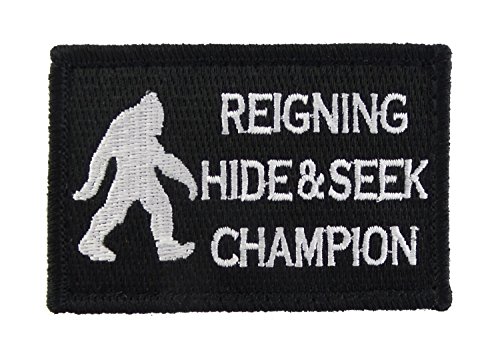 Reigning Hide and Seek Champion Bigfoot Funny Hook and Loop Fully Embroidered Morale Tags Patch (Black and White)