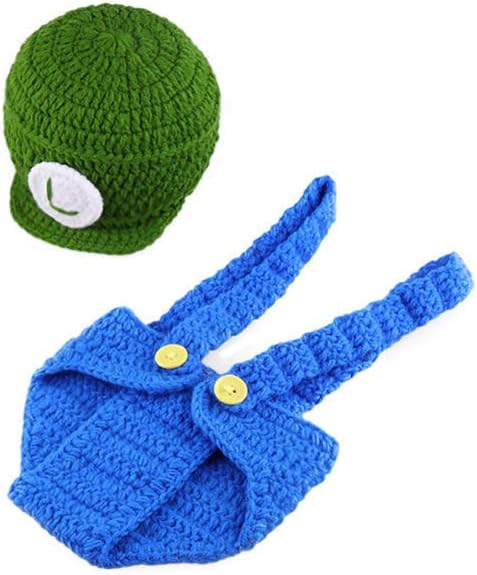 illikkuyax Infant Newborn Baby Boy Girl Crochet Costume Outfits Photography Props Green Hat+Blue Romper 0-6 Months