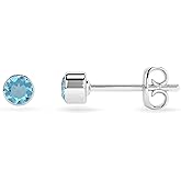 LUSTRE AND LIGHT Natural Swiss Blue Topaz Stud Earrings for Women in Sterling Silver, November Birthstone Jewelry Gifts for Her Birthday, Anniversary, Graduation (Round/Pear/Oval, Bezel Set)