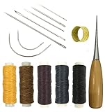 Leather Craft Tools Curved Upholstery Carpet Canvas Hand Sewing Needles with Leather Waxed Thread Cord and Drilling Awl and Thimble for Leather Repair Basic Leather Tools, 14 Pieces
