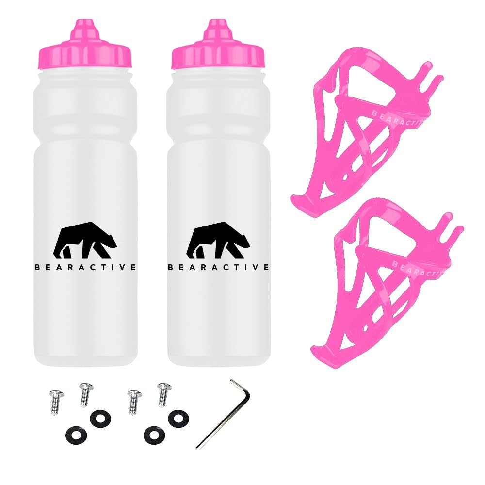 Bearactive Bike Bottle Holder with Bike Bottle 750ml - BPA Free Leak Proof Bicycle Squeeze Bottle with Valve Lid – Lightweight Plastic Bottle Cages with Screws for Road & Mountain Bikes (Pink 2 Pack)