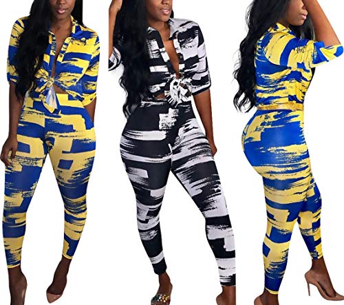 Womens 2 Pieces Tie Dye Printed Tie Knot Shirt Bodycon Pants Sexy Party Cocktail Tracksuit Outfit Set XL Black