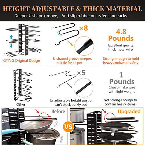 Pot Rack Organizers, G-TING 8+ Pan Rack Pot Lid Holders, Adjustable Heavy duty Pots & Pans Organizer for Kitchen Countertop and Cabinet, Pots and Pans Lid Organizer With 3 DIY Methods(Newest Upgrade)