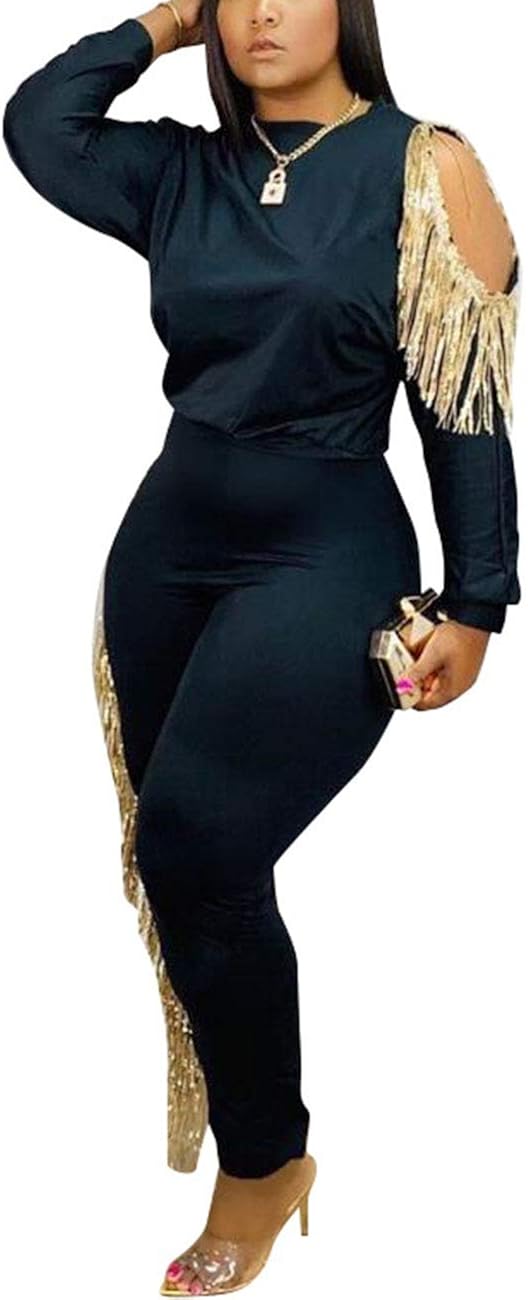Womens 2 Piece Tracksuit Tassel Cold Shoulder Long Sleeve Pullover Top Skinny Pants Set