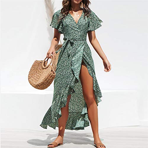 Women's Floral Maxi Dresses Boho Ruffle Split Beach Party Dress Flowy Front Slit High Low Summer Wedding Dress Green