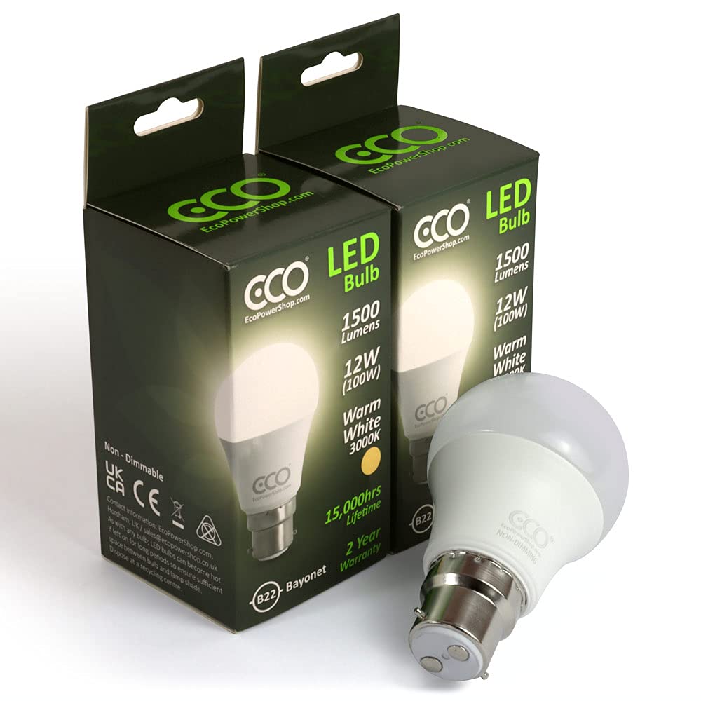 ECO 100W 2 Pin Bayonet B22 Energy Saving LED Light Bulbs, Low Energy 12W LED, Bright 1500 Lumens, 15,000Hrs Lifetime.