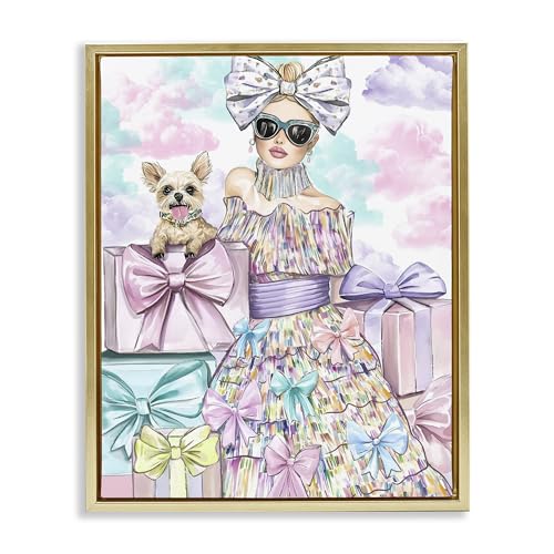Stupell Industries Fashion Ribbon Female & Pup Gold Framed Floater Canvas Wall…