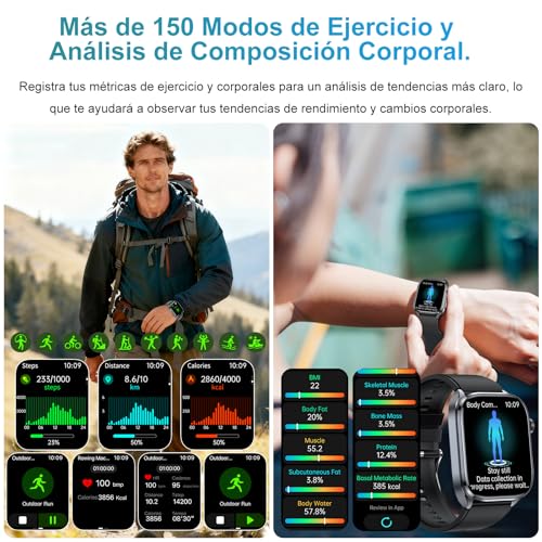 Reloj Inteligente Hombre con ECG/VCF: 2" HD Smartwatch con Asistente GPT | Reloj Salud con AI GPT Q&A, Sueño, 30s Mini Chequeo, Linterna LED, SOS, 150+ Deportivos, Android iOS