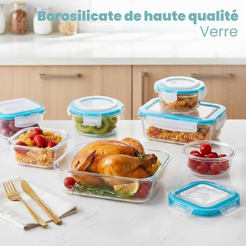 Boite Alimentaire Verre 18Pièces, 9 Boite Conservation Verre, 9 Couvercles Transparents, boite Allant Au Lave-Vaisselle, Au Congélateur Et Micro-Ondes, Sans BPA
