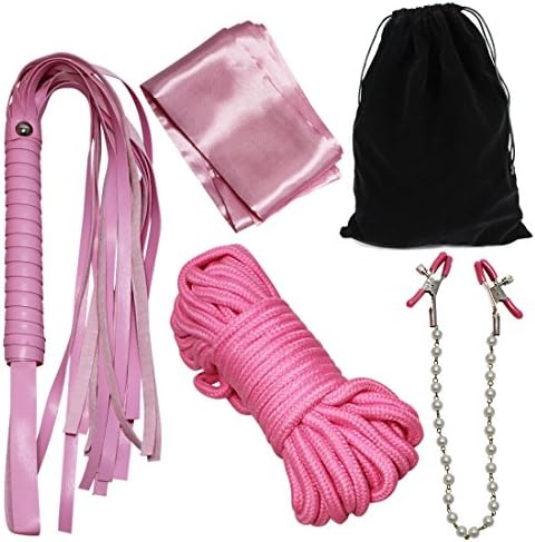 Adult Play Set : Blindfold, Clamps Clips, Soft Cotton Rope, and Whip in Black Velvet Bag (Pink)