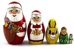 MATRYOSHKA&HANDICRAFT Matryoshka Matrioska Babuska Russian Nesting Wooden Doll Christmas Story Santa Claus Babooshka 5 Pc Stacking Hand Painting Beautiful Nested Matriosjka