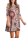 Dearlovers Vintage Round Neck Casual Floral Shift Dress for Women Large Size Coffee