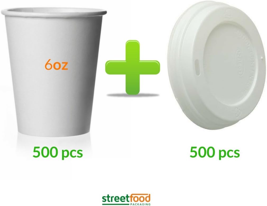 6oz Coffee Cup with White Sip Thru Lids | Paper Hot Coffee Tea Drinking Cups | White Disposable Single Wall Coffee Cups with Matching White Sip Thru Lids | for Capuccino and Mocha Coffee to Go Drinks
