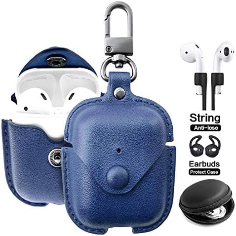 Airpods Leather Case with Strap Kit and Keychain Accessories, Houbox Full Protective Airpod Case Cover for Birthday Compatible Apple Airpods Charging Case (Blue)