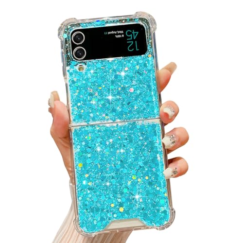 LCHULLE Designed for Samsung Galaxy Z Flip 4 Case,Girly Women Glitter Bling Bumper Shockproof Phone Case Ultra-Thin Hard PC Back Soft TPU Frame Cover for Samsung Z Flip 4 5G(2022)-Blue