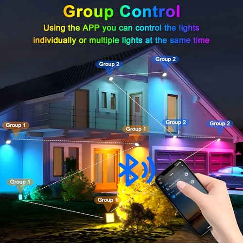 Indmird 2 x LED RGB Outdoor Spotlight 50 W, Outdoor RGB LED Projector with 2.4 G Remote Control and Bluetooth App, IP66 Waterproof Dimmable LED Spotlights Colours for Halloween Christmas Garden Party