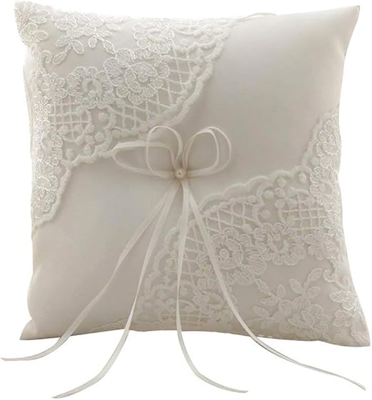 Amazon Com Amajoy Satin And Lace Wedding Ring Pillow Cushion