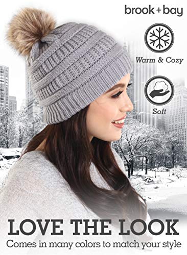 Brook + Bay Faux Fur Pom Pom Beanie for Women - Warm & Cute Cable Knit Winter Hats - Thick, Chunky & Soft Stretch Knitted Caps for Cold Weather - Stylish & Trendy Snow Beanies for Ladies - Thumbnail 3