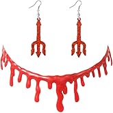 yaozeio Devil Halloween Gifts Necklace Earrings for Women Blood Drip Choker Necklace and Red Devil Pitchfork Earrings Set for Female Halloween Cosplay Earring Necklace Devil Costume Accessories