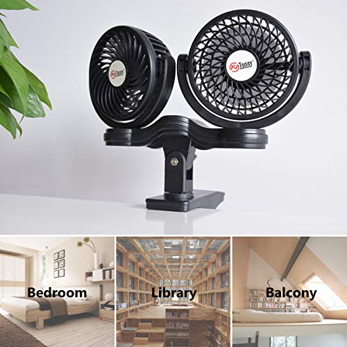 TN TONNY Dual Head Clip Fan, 4 Inches Electric Car Clip Fans 360° Rotatable,12V Cooling Air Fan with Stepless Speed Regulation for Vehicle or Home