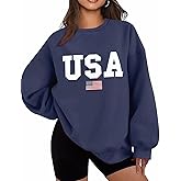 Dressmine Womens Oversized USA Sweatshirt Fleece Long Sleeve Pullover American Flag Crewneck Sweater Graphic Hoodies